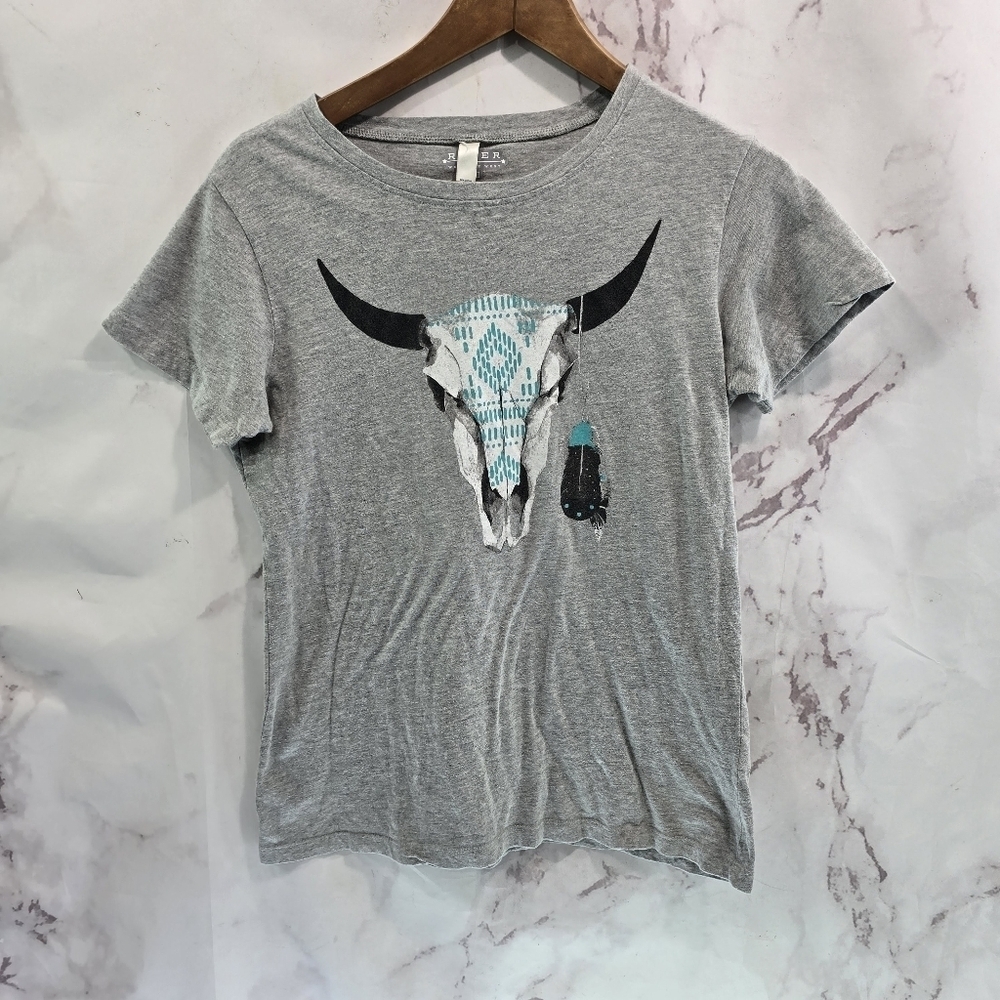 Roper T Shirt Womens Medium Gray Tee Short Sleeve Western Horn Bull Skull Aztec